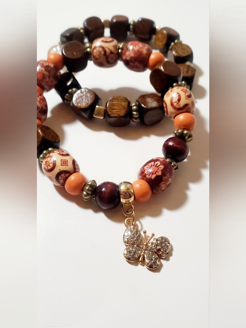Handmade Boho Butterfly Charm Bracelet - Orange, Brown & Cream